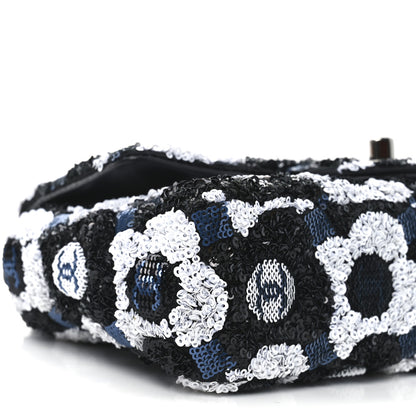 Chanel Satin Sequin Embellished Flower Mini Rectangular Flap Black White Blue 9 of 10