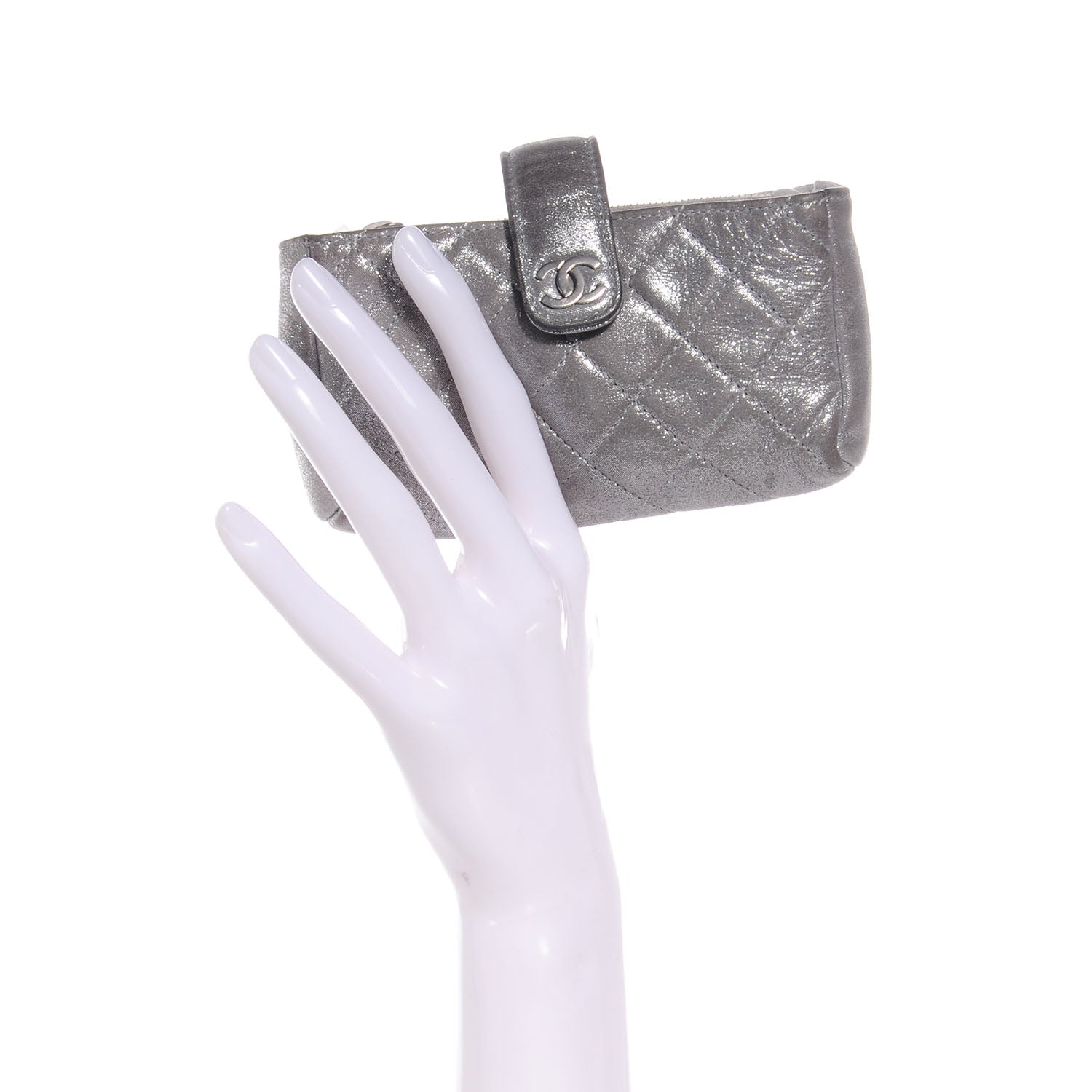 Chanel Iridescent Calfskin Quilted Mini Phone Holder Clutch Silver 2 of 7