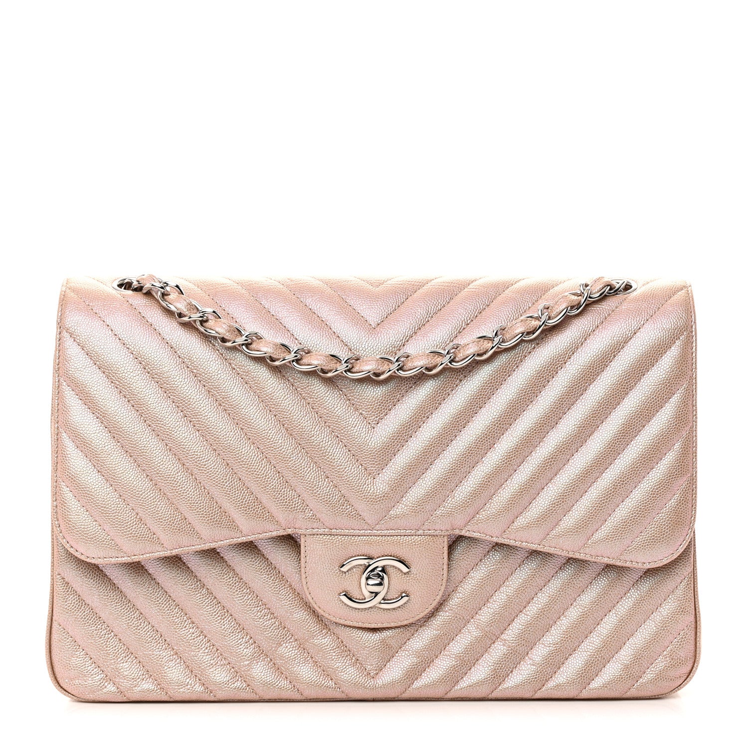Chanel Metallic Caviar Chevron Quilted Jumbo Double Flap Light Gold 1 of 12