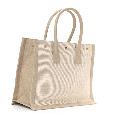 Saint Laurent Linen Calfskin Small Rive Gauche Tote Beige Sea Salt 3 of 11