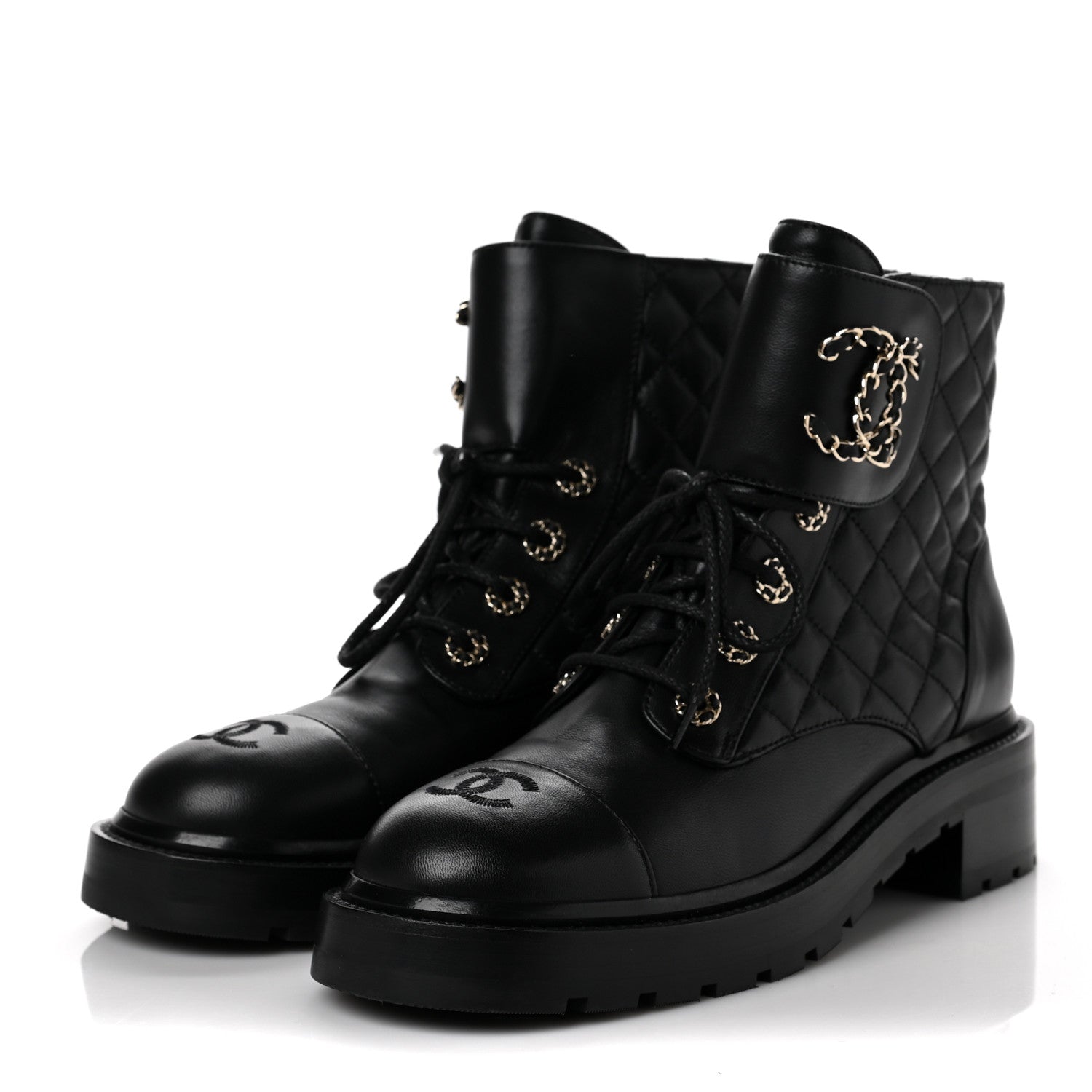 Chanel Shiny Lambskin Quilted Lace Up Combat Boots 39.5 Black 3 of 6