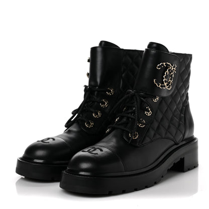 Chanel Shiny Lambskin Quilted Lace Up Combat Boots 39.5 Black 3 of 6