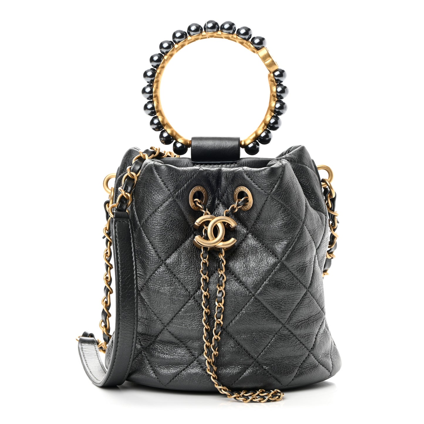 Metallic Lambskin Quilted Pearl Crown Drawstring Bag Anthracite