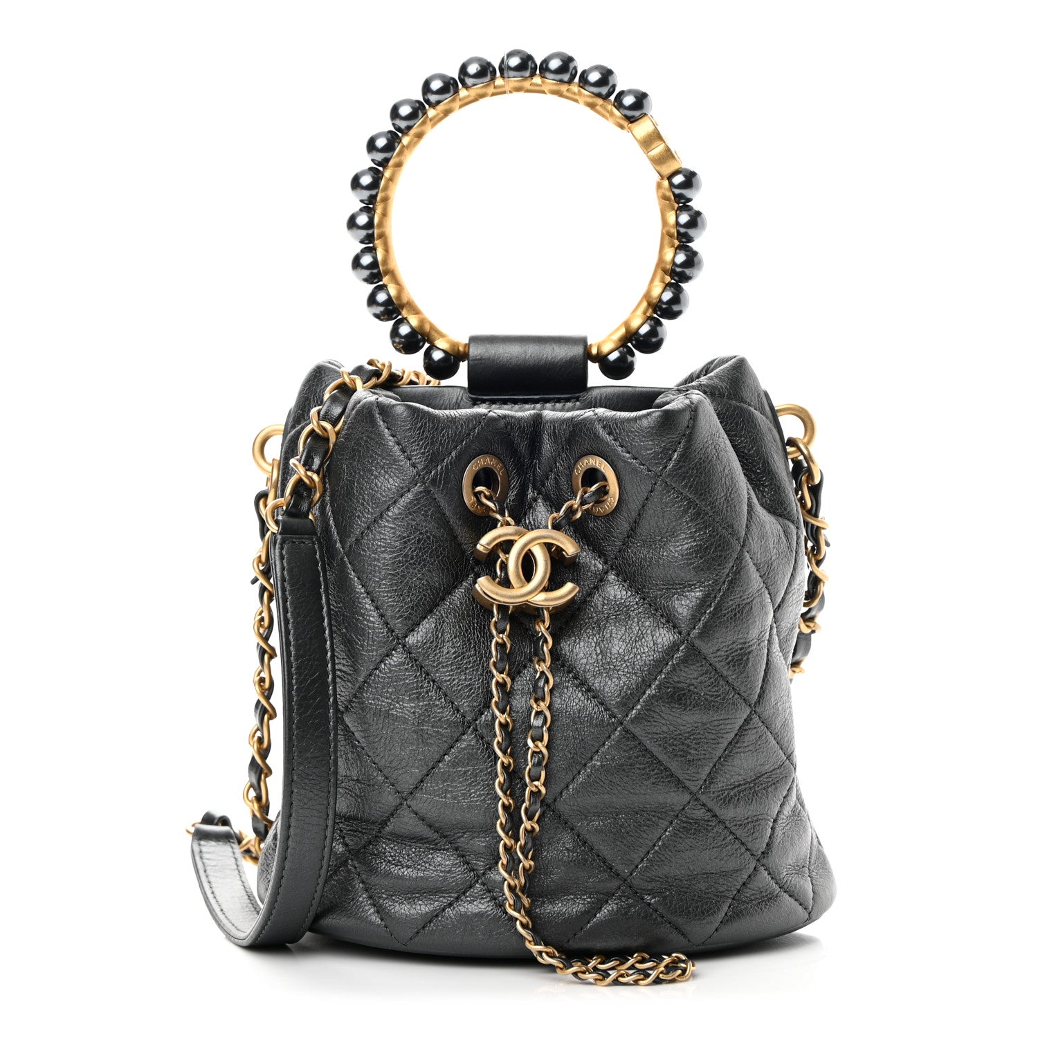 Chanel Metallic Lambskin Quilted Pearl Crown Drawstring Bag Anthracite 1 of 10