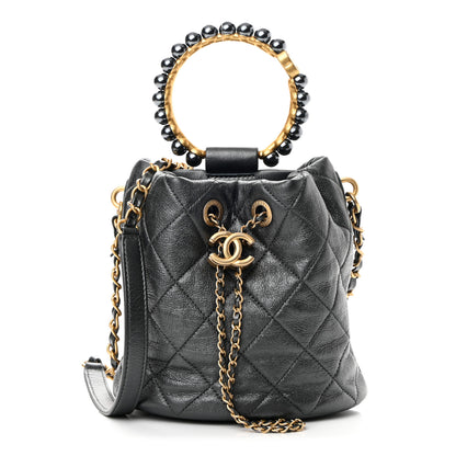 Chanel Metallic Lambskin Quilted Pearl Crown Drawstring Bag Anthracite 1 of 10