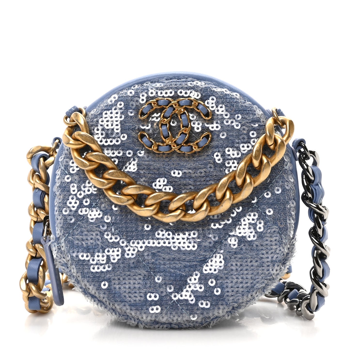 Sequin Chanel 19 Round Clutch With Chain Light Blue