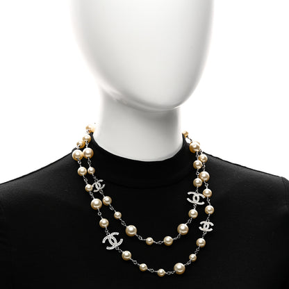 Chanel Graduated Pearl Crystal CC Long Necklace Silver 2 of 6