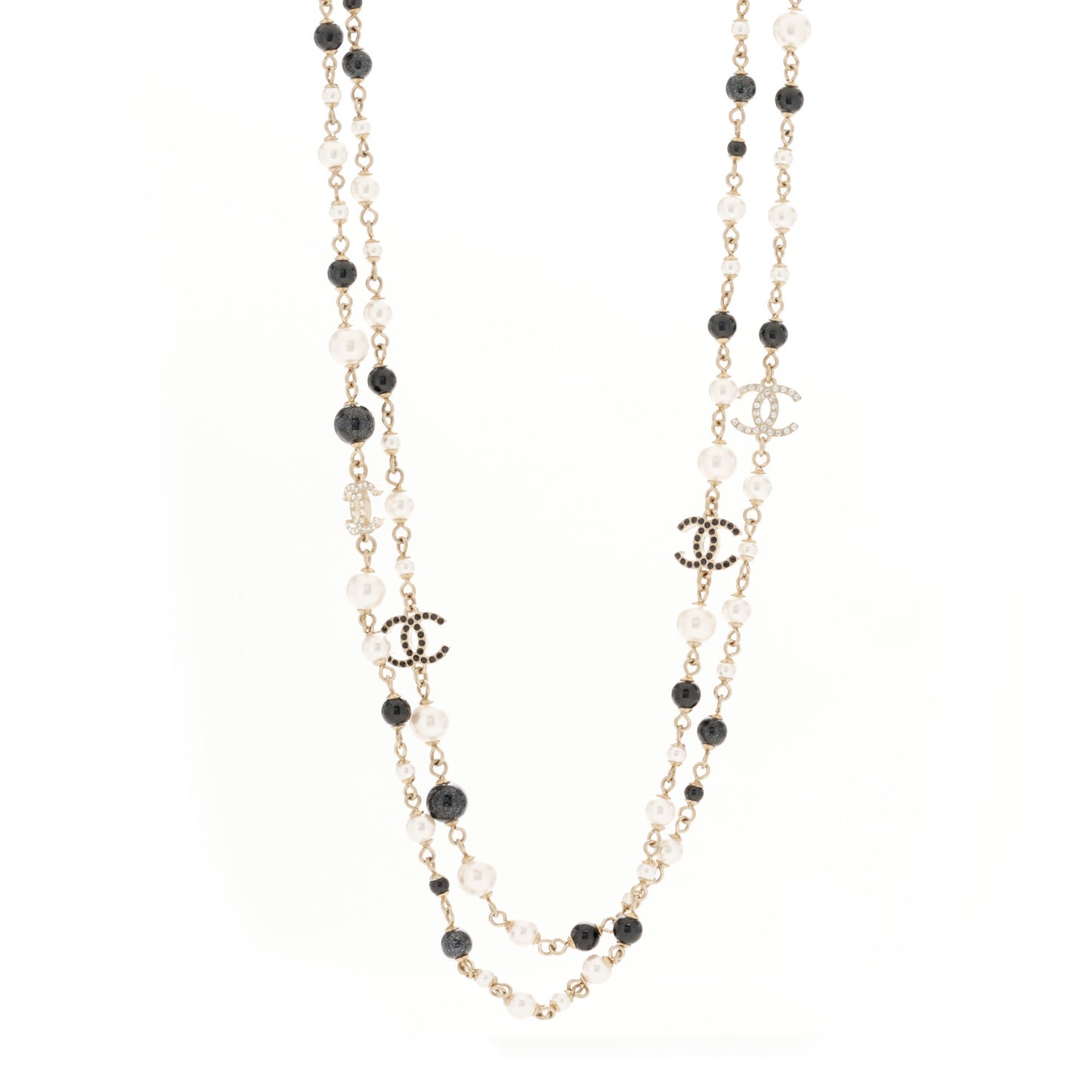 Pearl Bead Crystal CC Long Necklace Black Gold