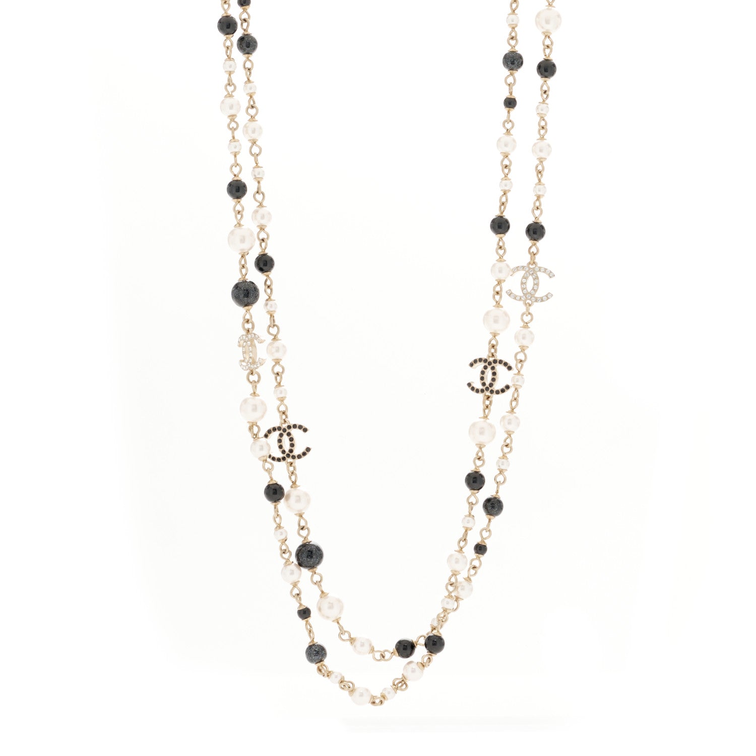 Chanel Pearl Bead Crystal CC Long Necklace Black Gold 1 of 5