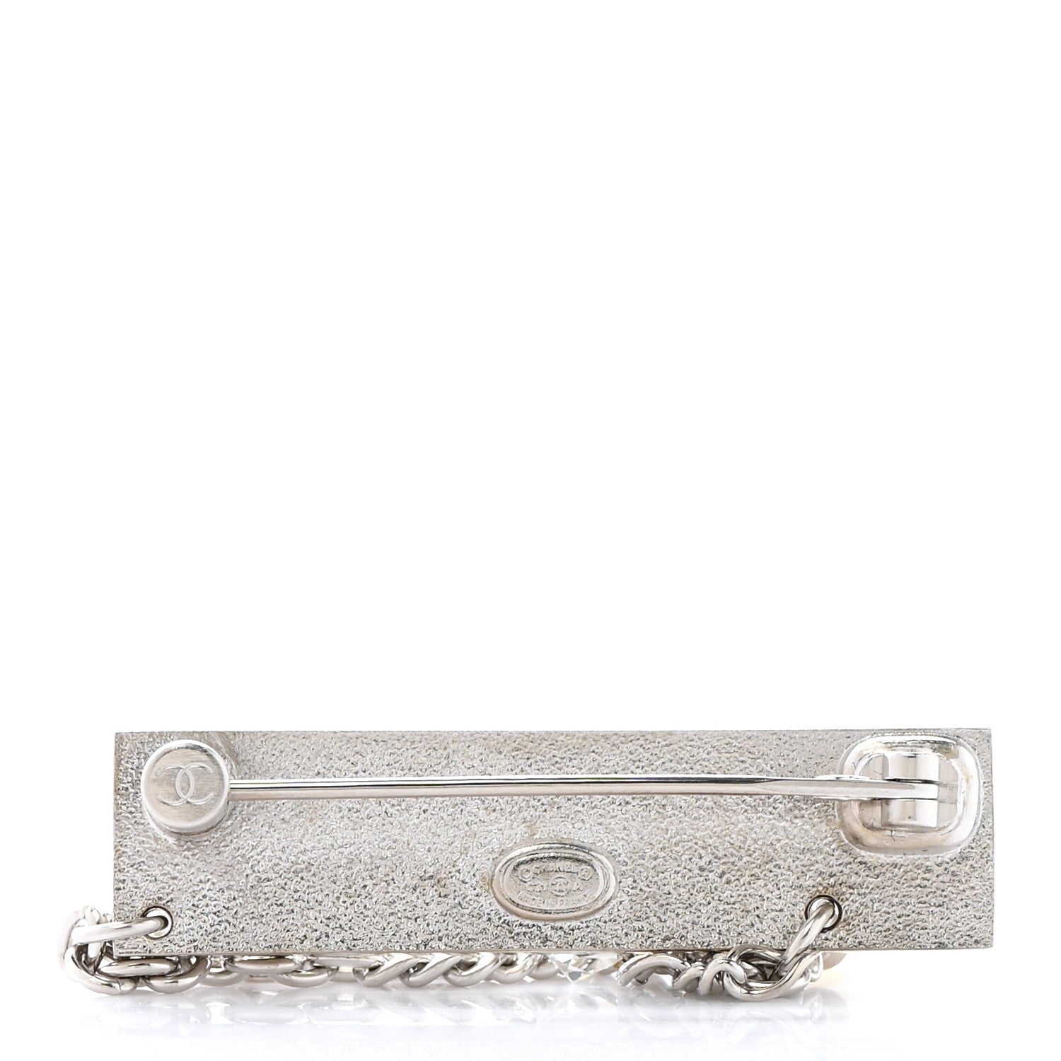 Chanel Crystal Pearl Chain Logo Brooch Silver 3 of 5
