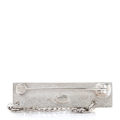 Chanel Crystal Pearl Chain Logo Brooch Silver 3 of 5