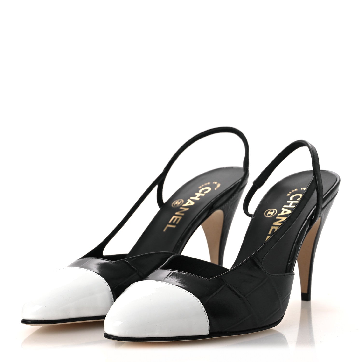 Chanel Patent Calfskin Crocodile Embossed Cap Toe CC Slingback Pumps 38.5 Dark Grey White 4 of 11