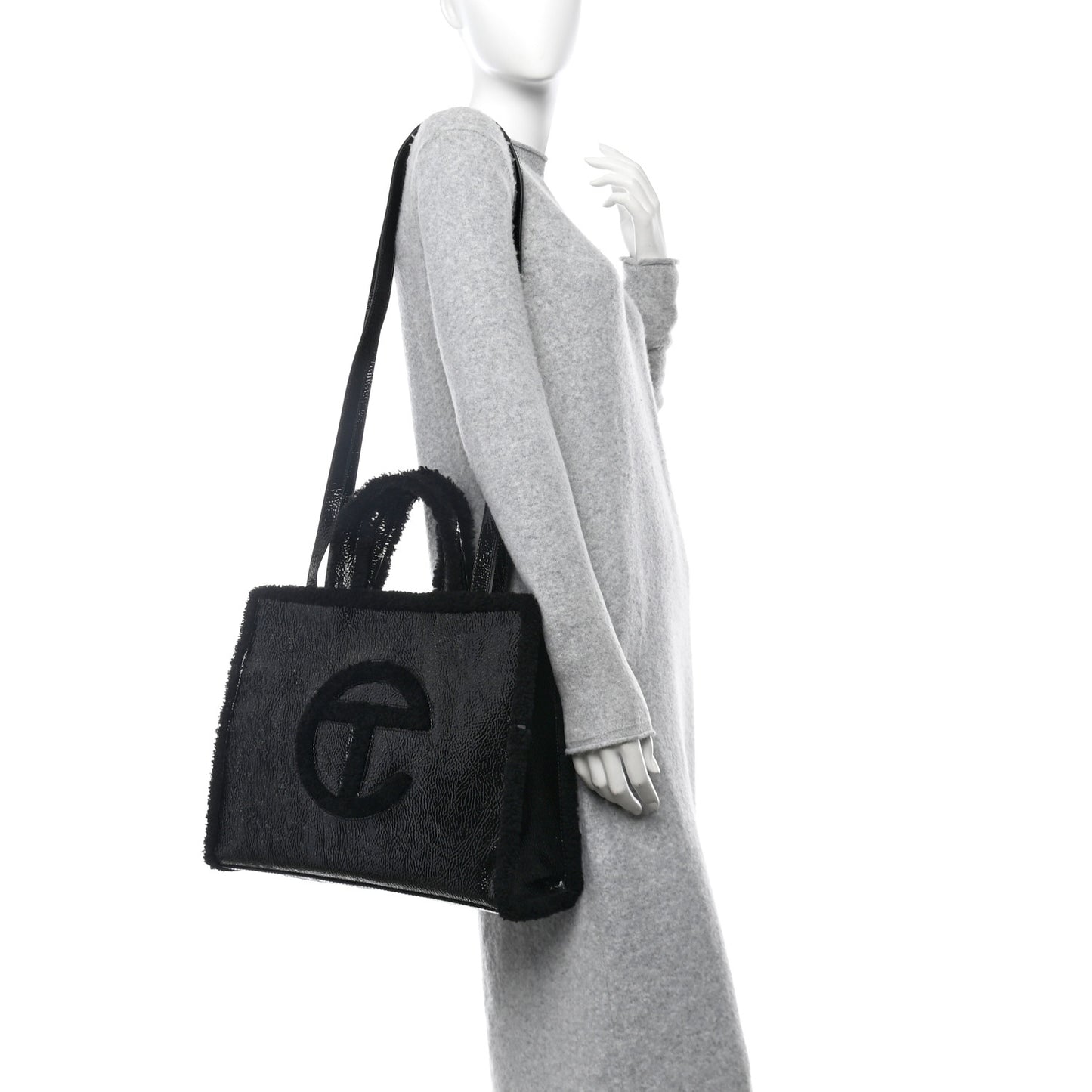 X UGG Crinkle Patent Shearling Medium Shopping Bag Black