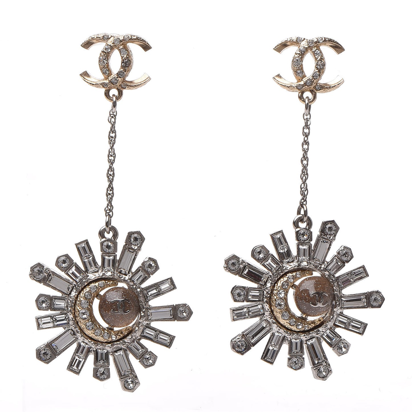 Baguette Crystal Moon CC Dangle Earrings Gold Silver