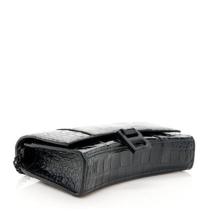Balenciaga Shiny Calfskin Monochrome Crocodile Embossed Hourglass Chain Bag Black 4 of 11