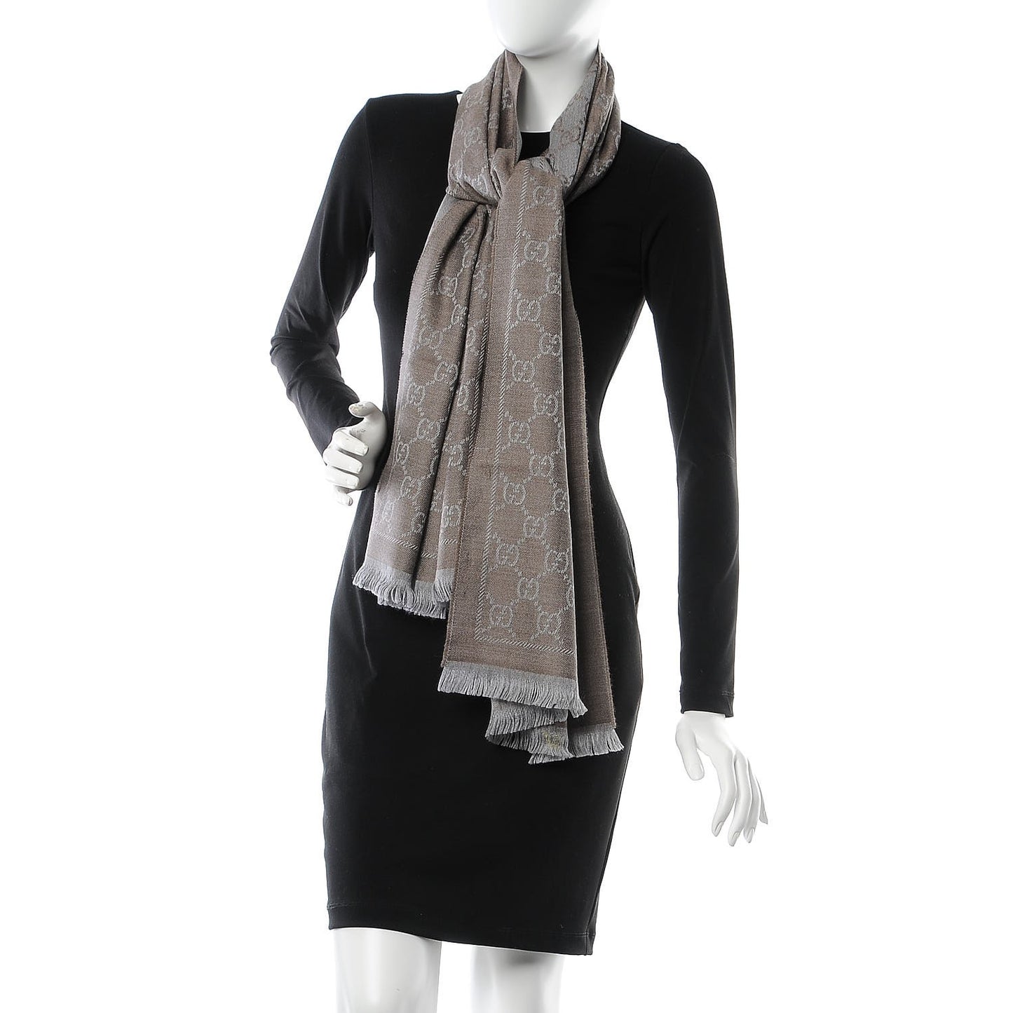 Wool Jacquard GG Monogram Sten Fringe Scarf Taupe Light Grey