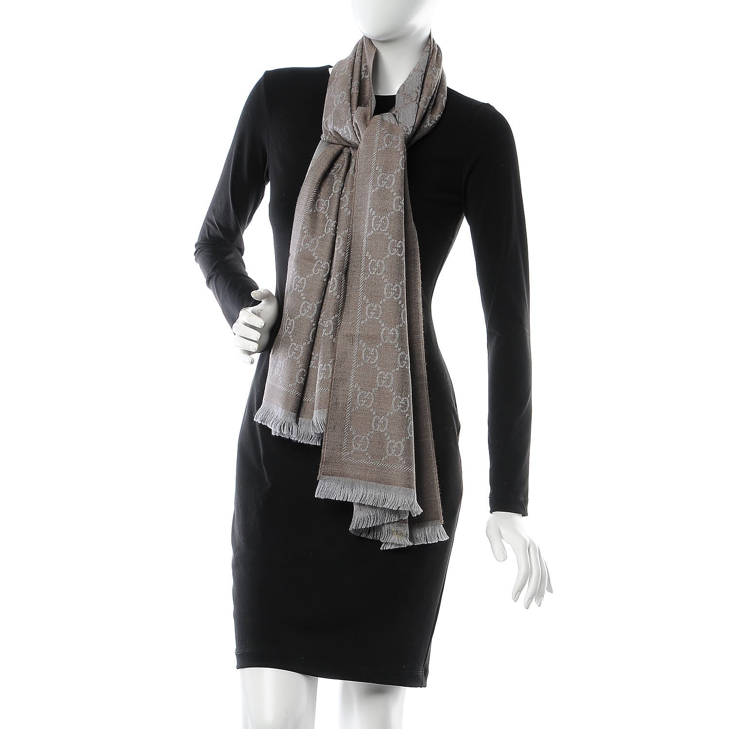 Gucci Wool Jacquard GG Monogram Sten Fringe Scarf Taupe Light Grey 2 of 6