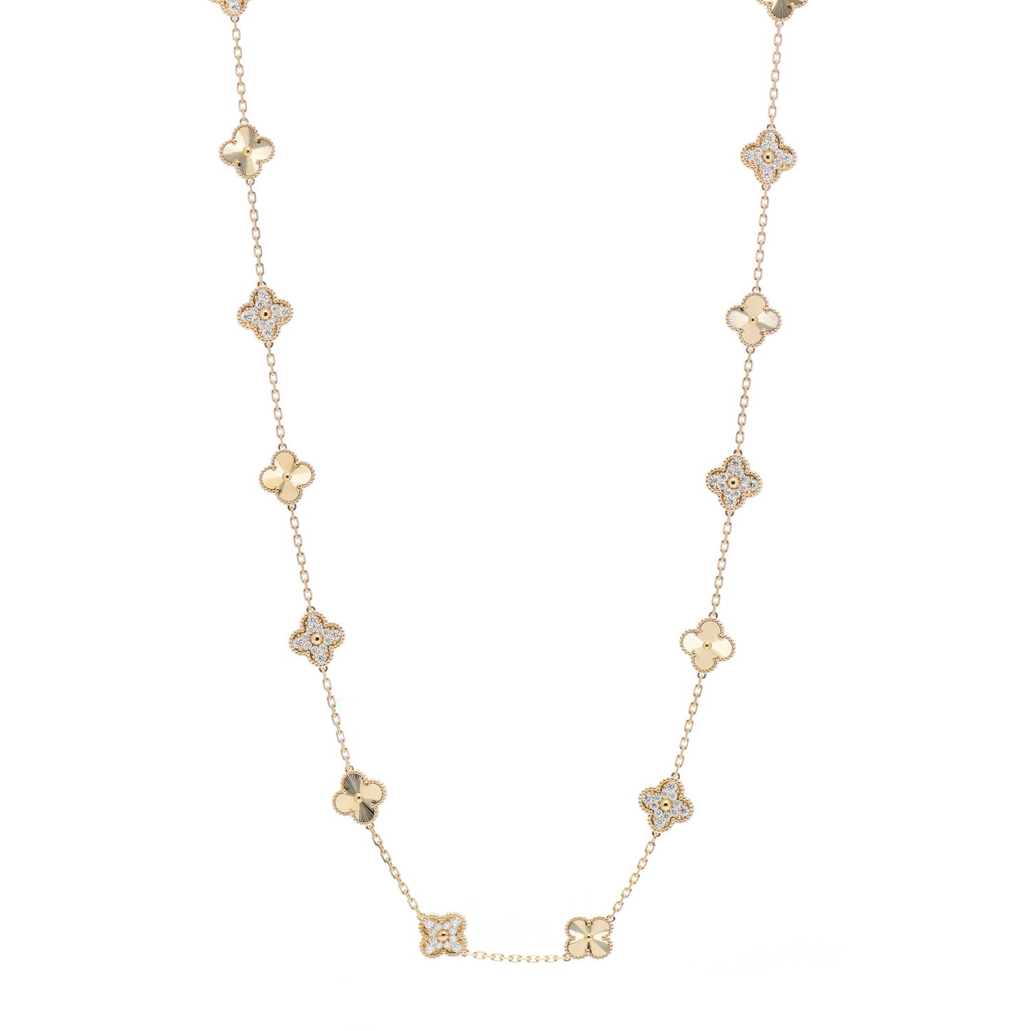 18K Yellow Gold Diamond 20 Motifs Guilloche Vintage Alhambra Necklace