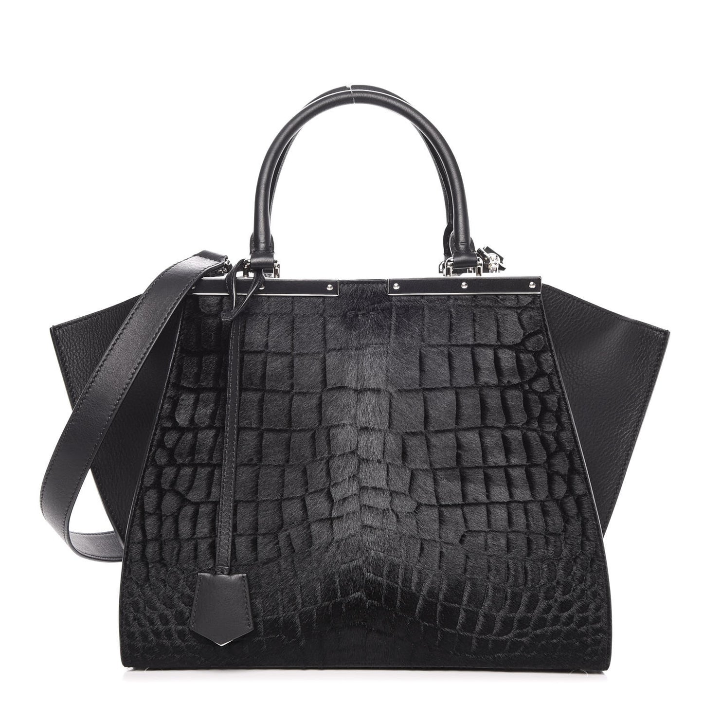 Vitello Pelo Flamingo Crocodile Embossed Petite 3Jours Tote Black
