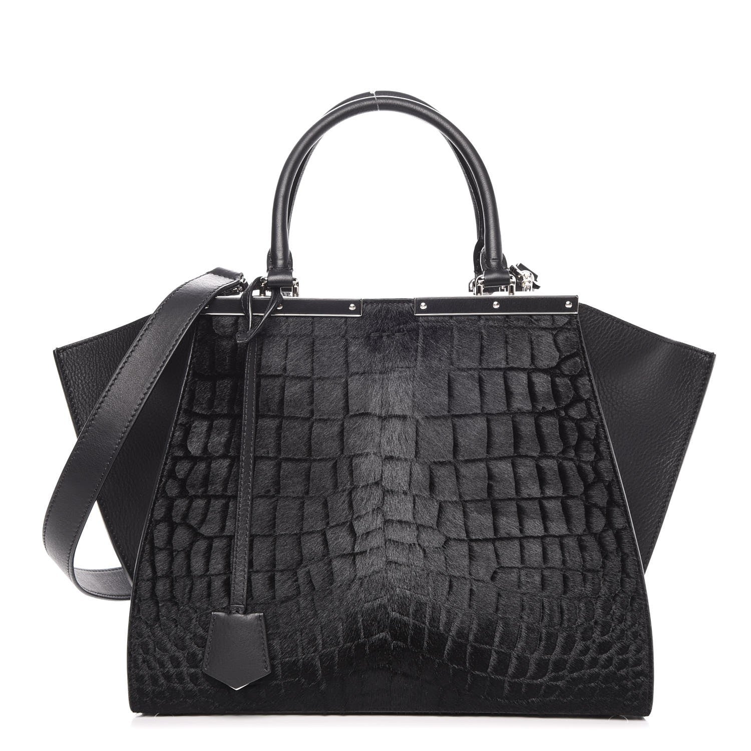 Fendi Vitello Pelo Flamingo Crocodile Embossed Petite 3Jours Tote Black 1 of 8