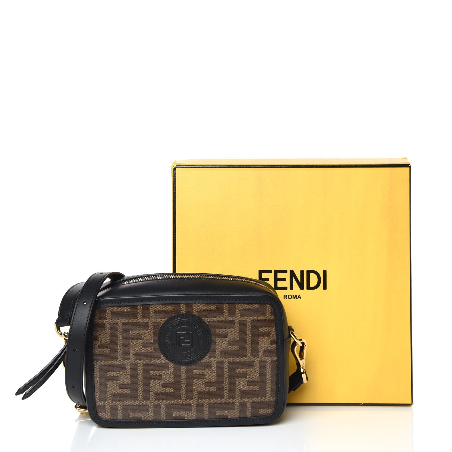 Fendi Glazed Fabric Vitello Century FF 1974 Stamp Patch Mini Camera Case Mogano Panna Black 12 of 12