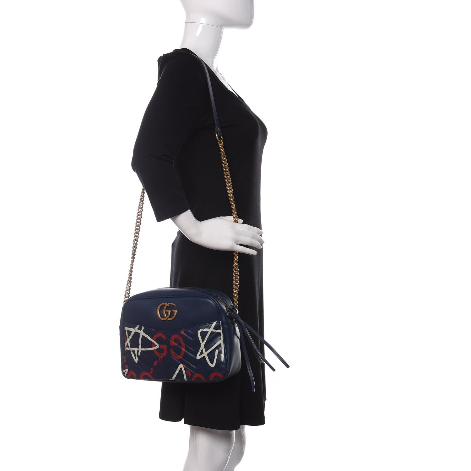 Gucci Calfskin Matelasse GucciGhost Medium GG Marmont Chain Shoulder Bag Blue Agata Hibiscus Red 2 of 14