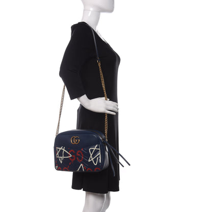 Gucci Calfskin Matelasse GucciGhost Medium GG Marmont Chain Shoulder Bag Blue Agata Hibiscus Red 2 of 14