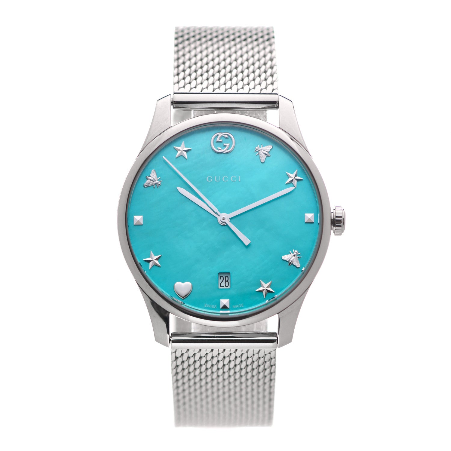 Gucci Stainless Steel Turquoise Mother of Pearl 29mm G-Timeless Charm Quartz Watch 1 of 5