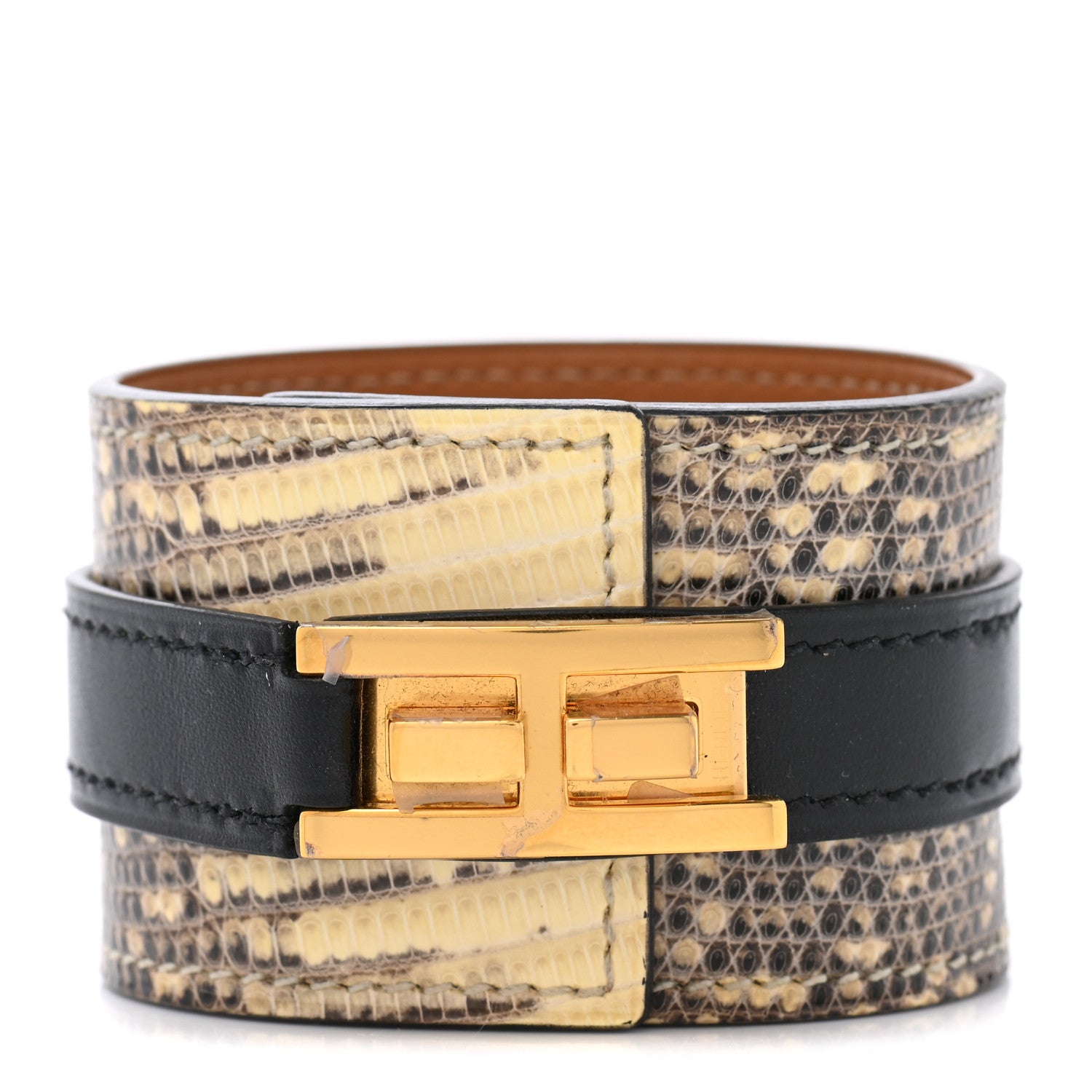Hermes Lizard Box Manchette Drag Bracelet T3 Ombre Black 1 of 6