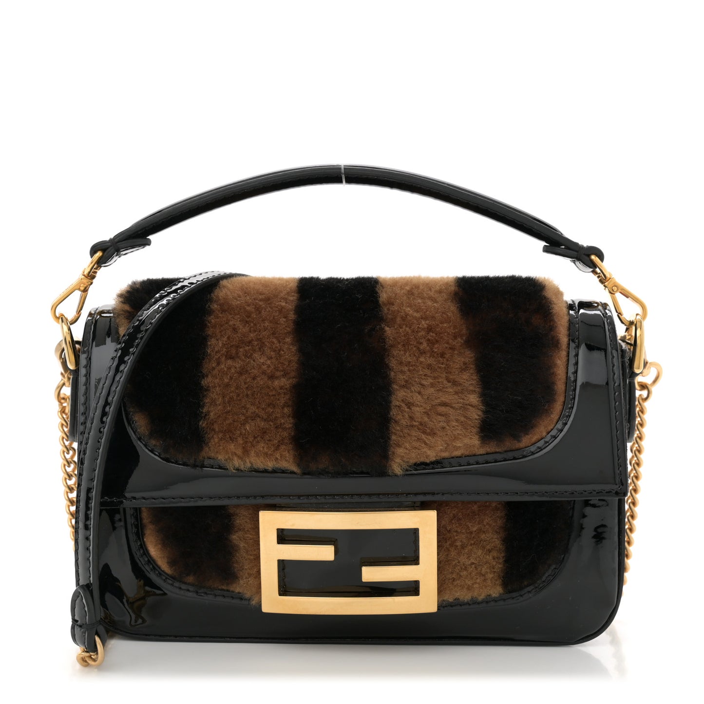 Shearling Vitello Vernice Mou Pequin Striped Mini Baguette Tobacco Black