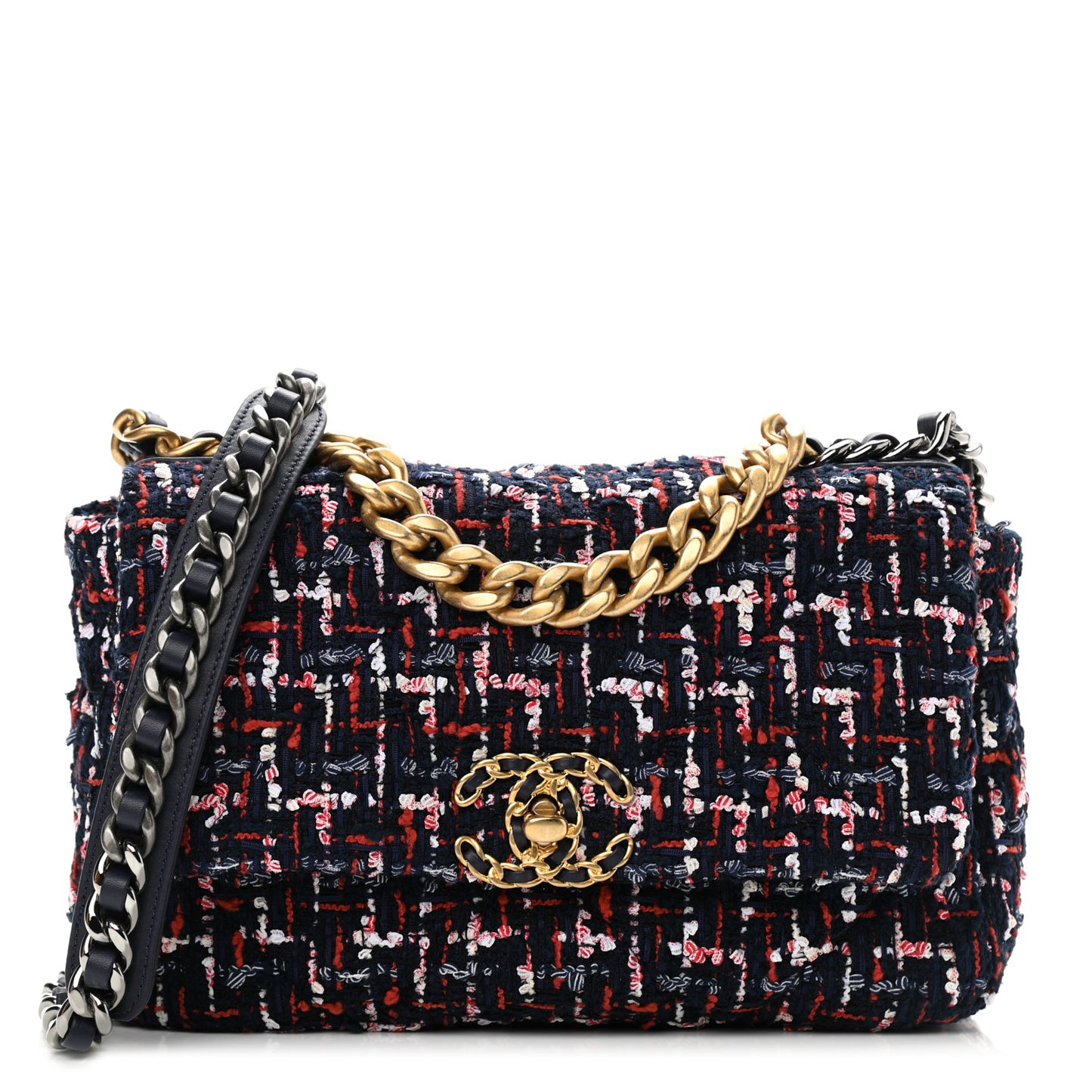 Tweed Quilted Medium Chanel 19 Flap Navy Blue White Red