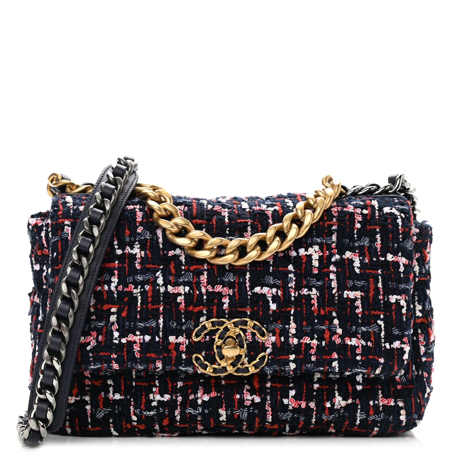 Chanel Tweed Quilted Medium Chanel 19 Flap Navy Blue White Red 1 of 10
