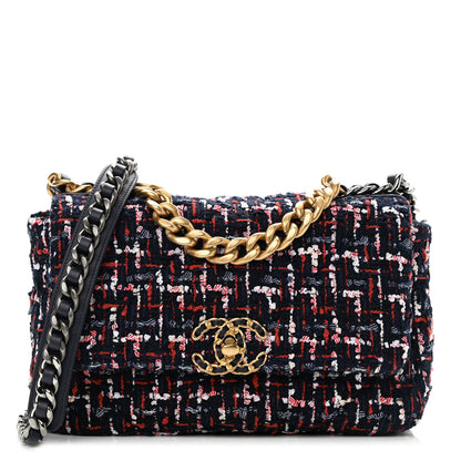 Chanel Tweed Quilted Medium Chanel 19 Flap Navy Blue White Red 1 of 10