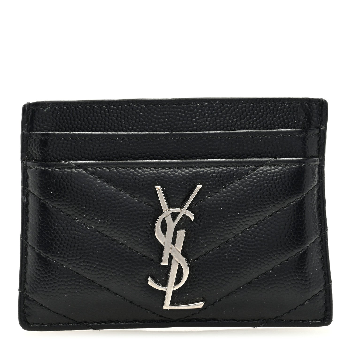 Saint Laurent Grain De Poudre Matelasse Chevron Monogram Credit Card Case Black 1 of 6