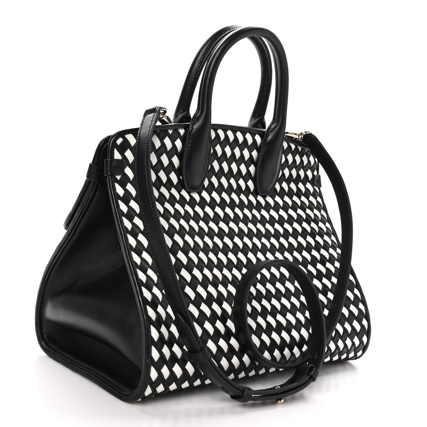 Woven Calfskin Medium Studio Top Handle Bag Black White