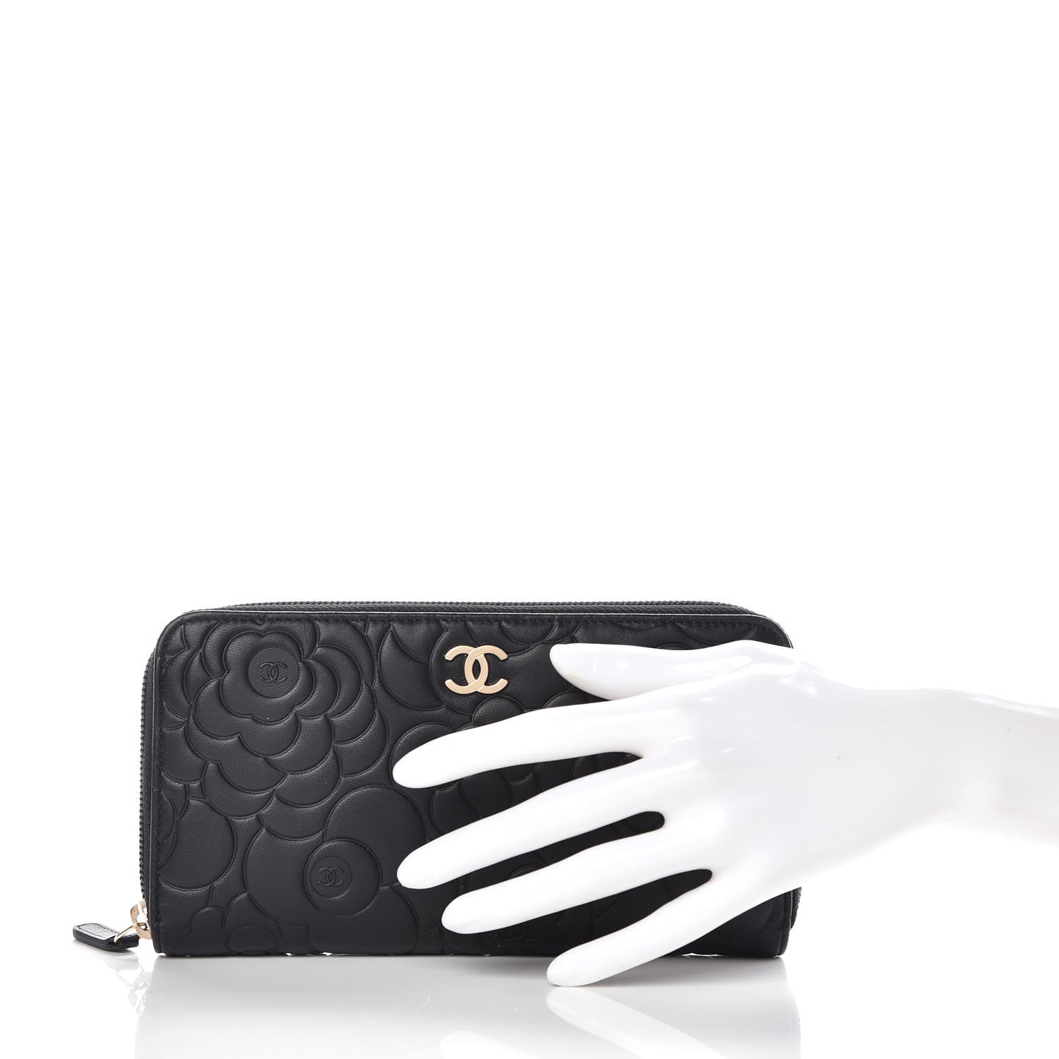 Chanel Lambskin Camellia Embossed Large Zip Around Gusset Wallet Black 2 of 11