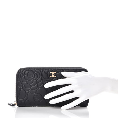 Chanel Lambskin Camellia Embossed Large Zip Around Gusset Wallet Black 2 of 11