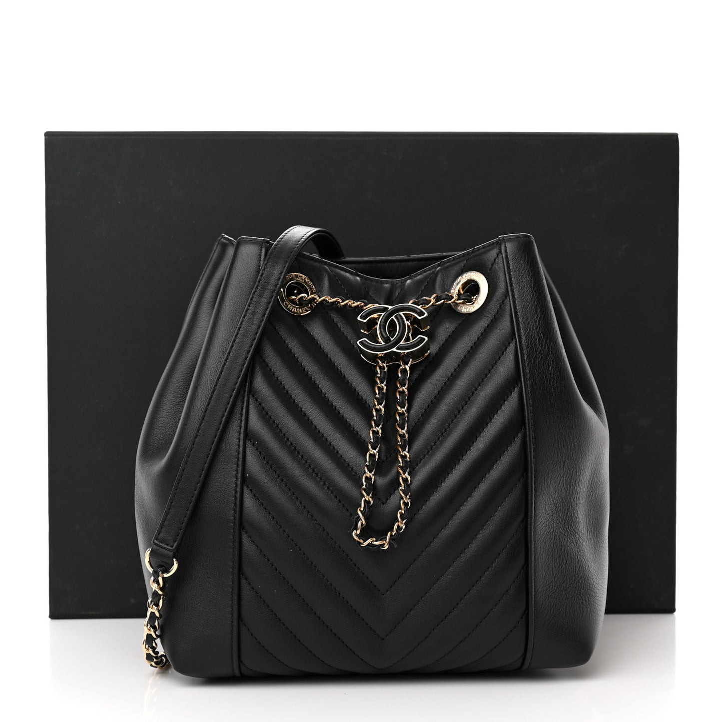 Calfskin Quilted Daily Chevron Drawstring Bag Black