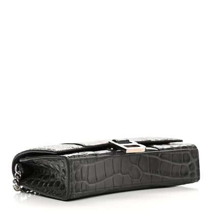 Balenciaga Shiny Calfskin Crocodile Embossed Hourglass Chain Bag Black 4 of 9