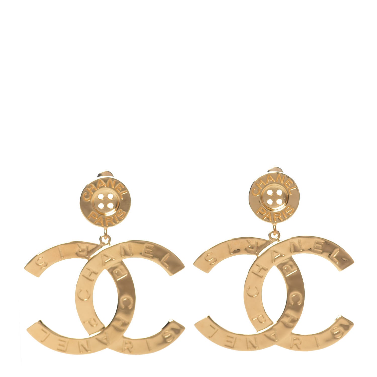 Chanel Metal Large Paris Button Earrings Gold 1 of 7