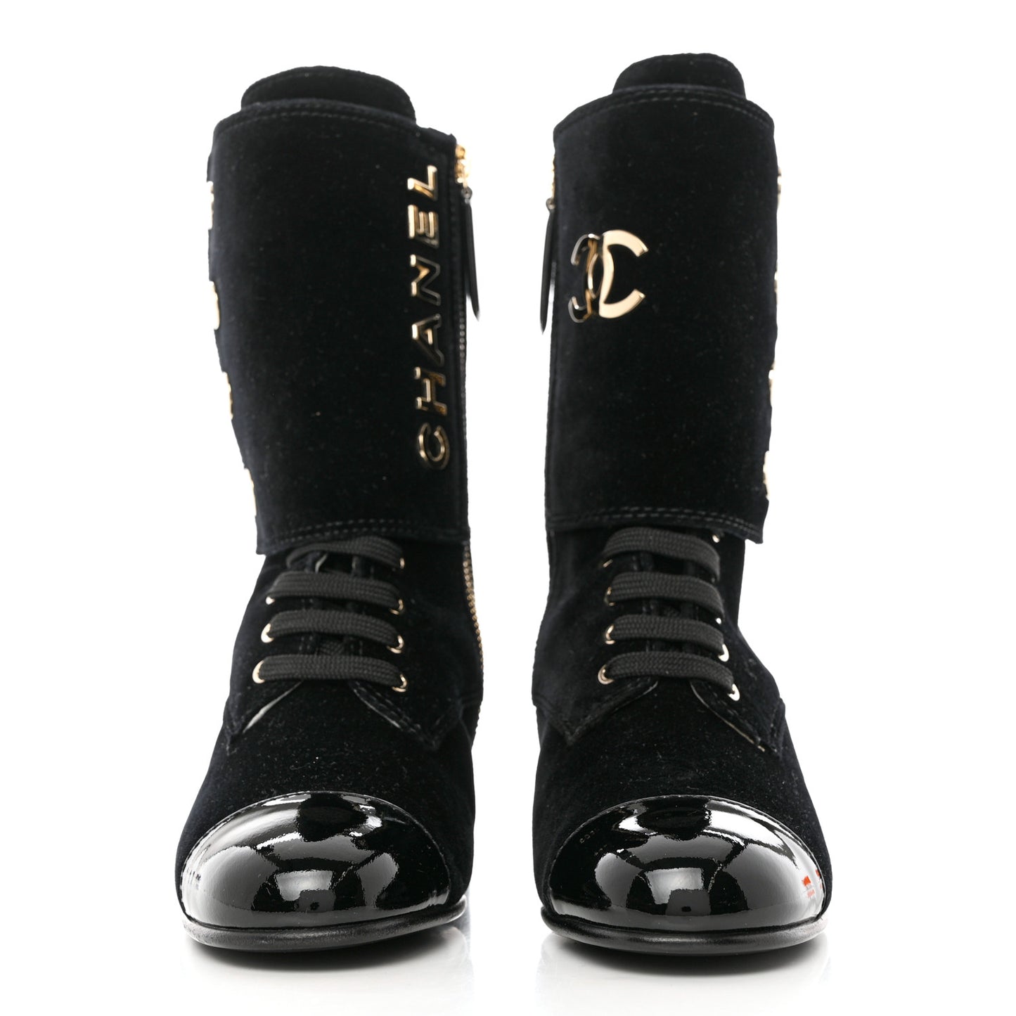 Velvet Patent Cap Toe CC Lace Up Boots 38 Black