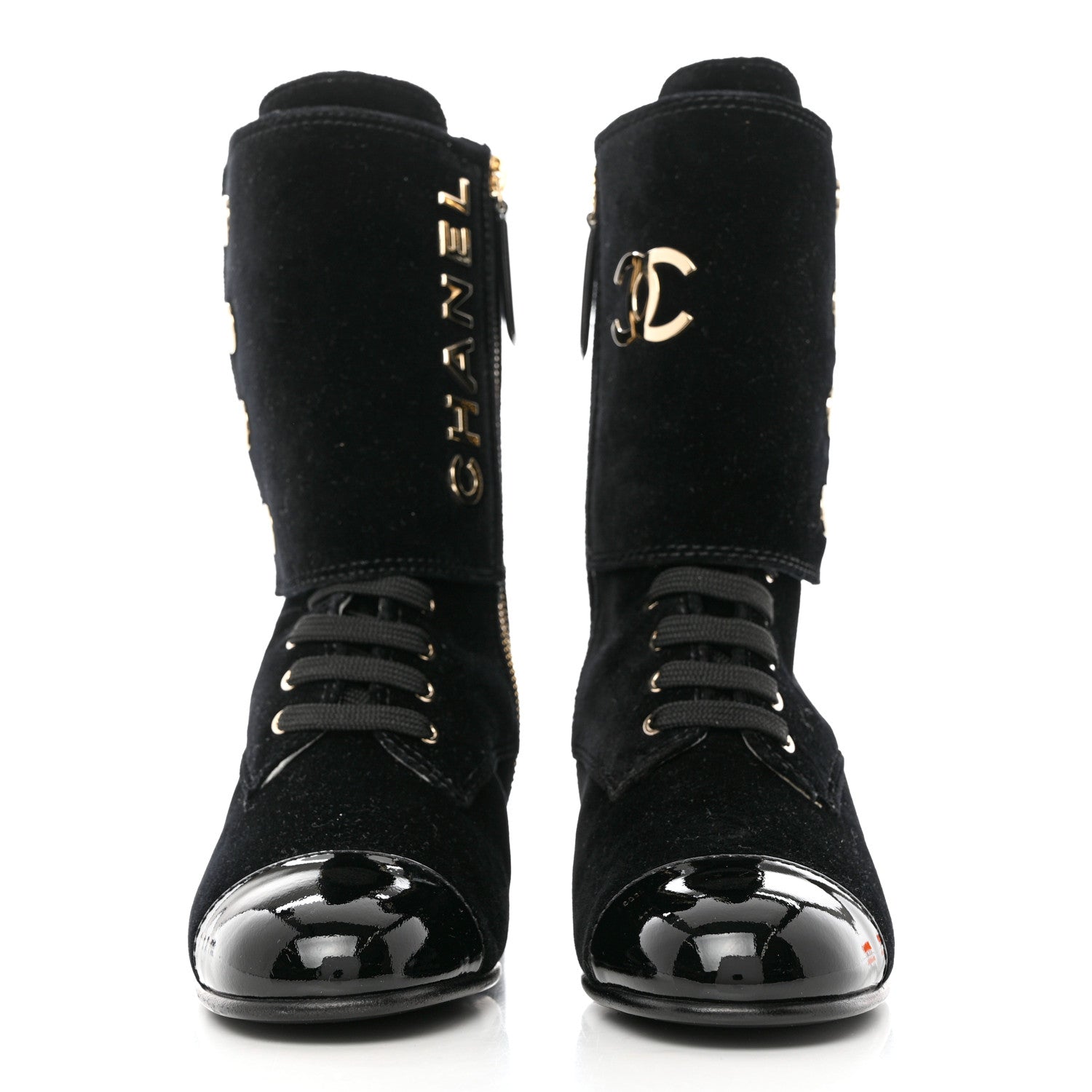 Chanel Velvet Patent Cap Toe CC Lace Up Boots 38 Black 2 of 8