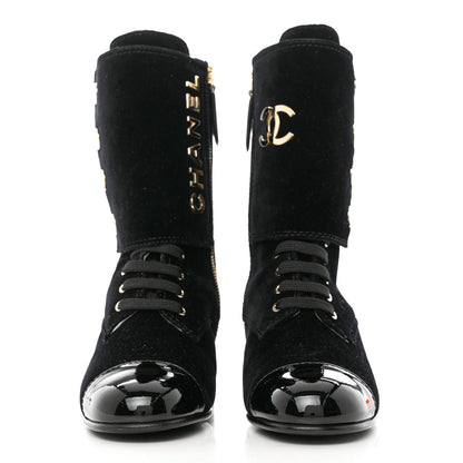 Chanel Velvet Patent Cap Toe CC Lace Up Boots 38 Black 2 of 8