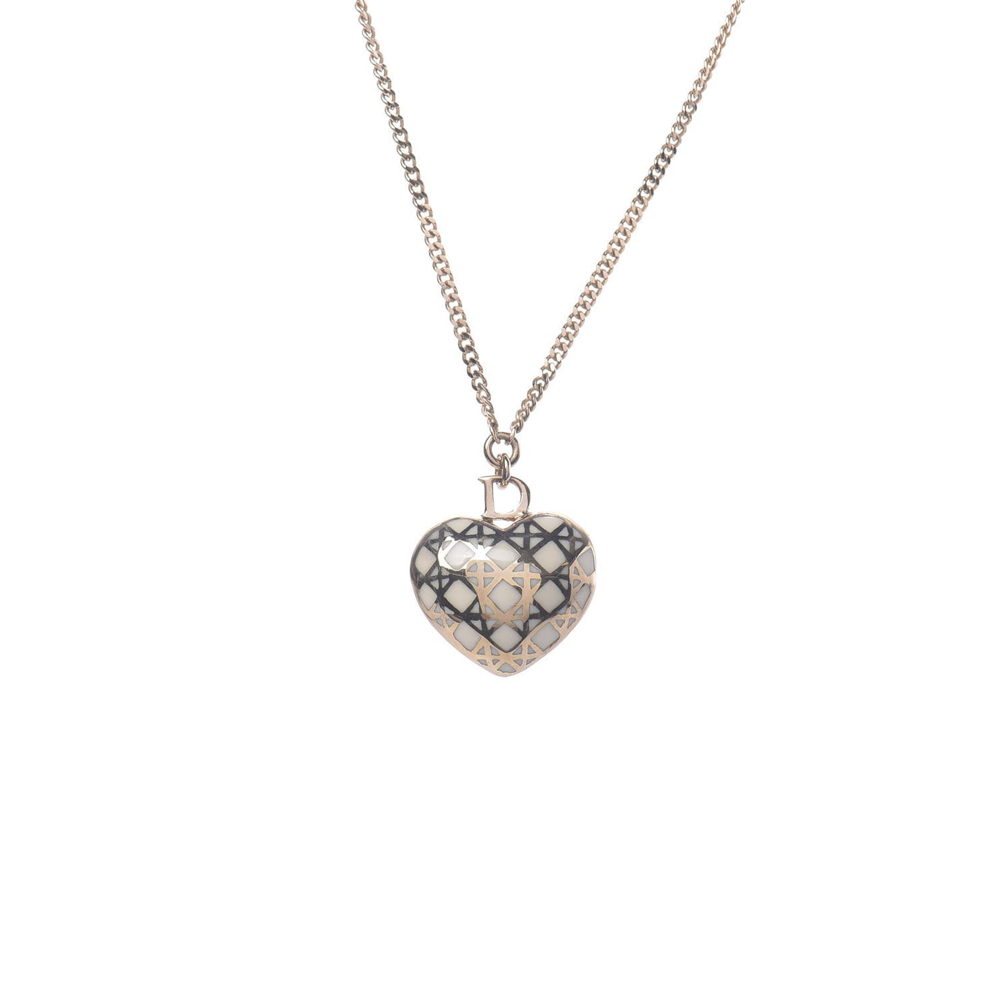 Metal Enamel Cannage Heart Pendant Necklace White Gold