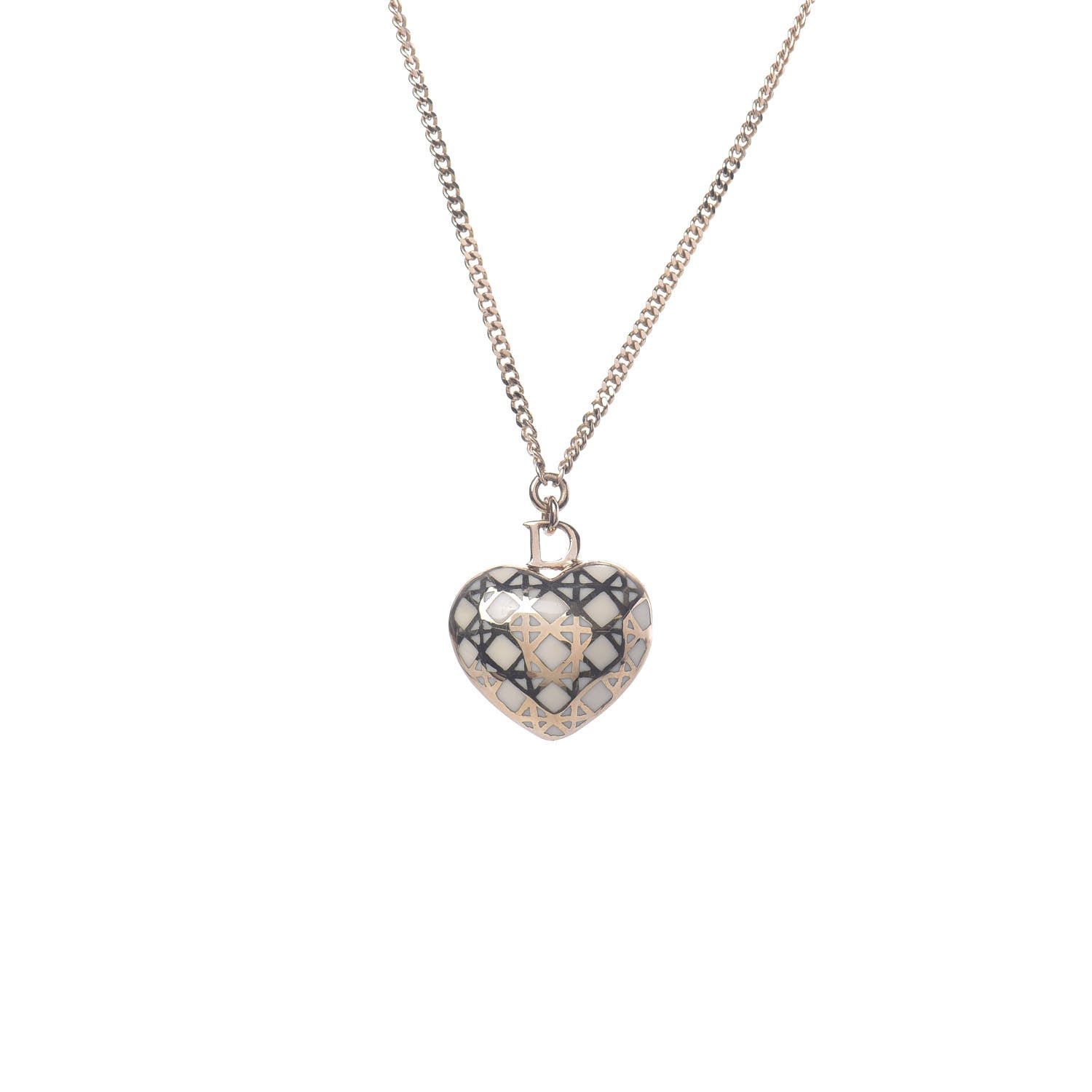 Christian Dior Metal Enamel Cannage Heart Pendant Necklace White Gold 4 of 6