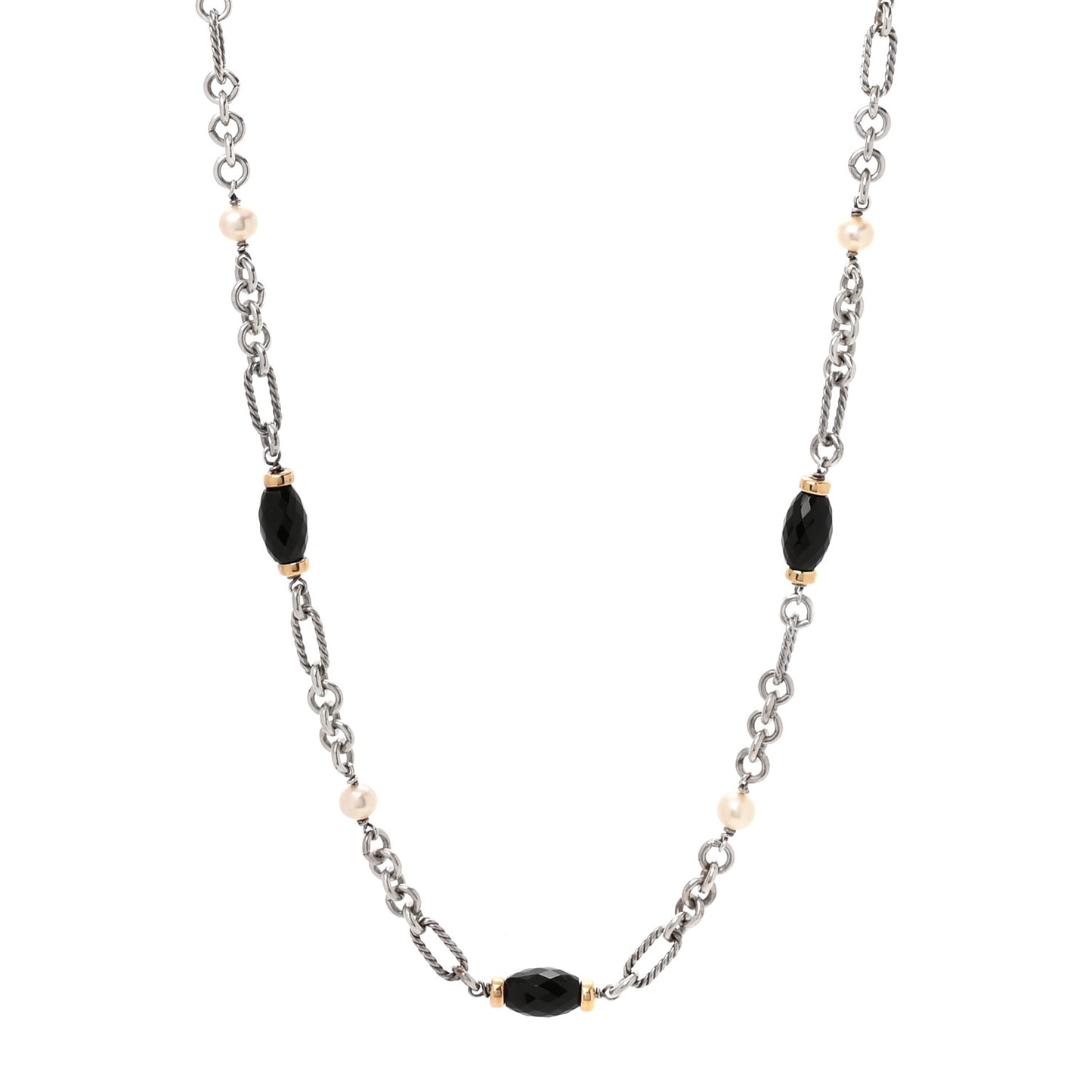 Sterling Silver 18K Yellow Gold Black Onyx Cultured Pearl Figaro Station Link Necklace