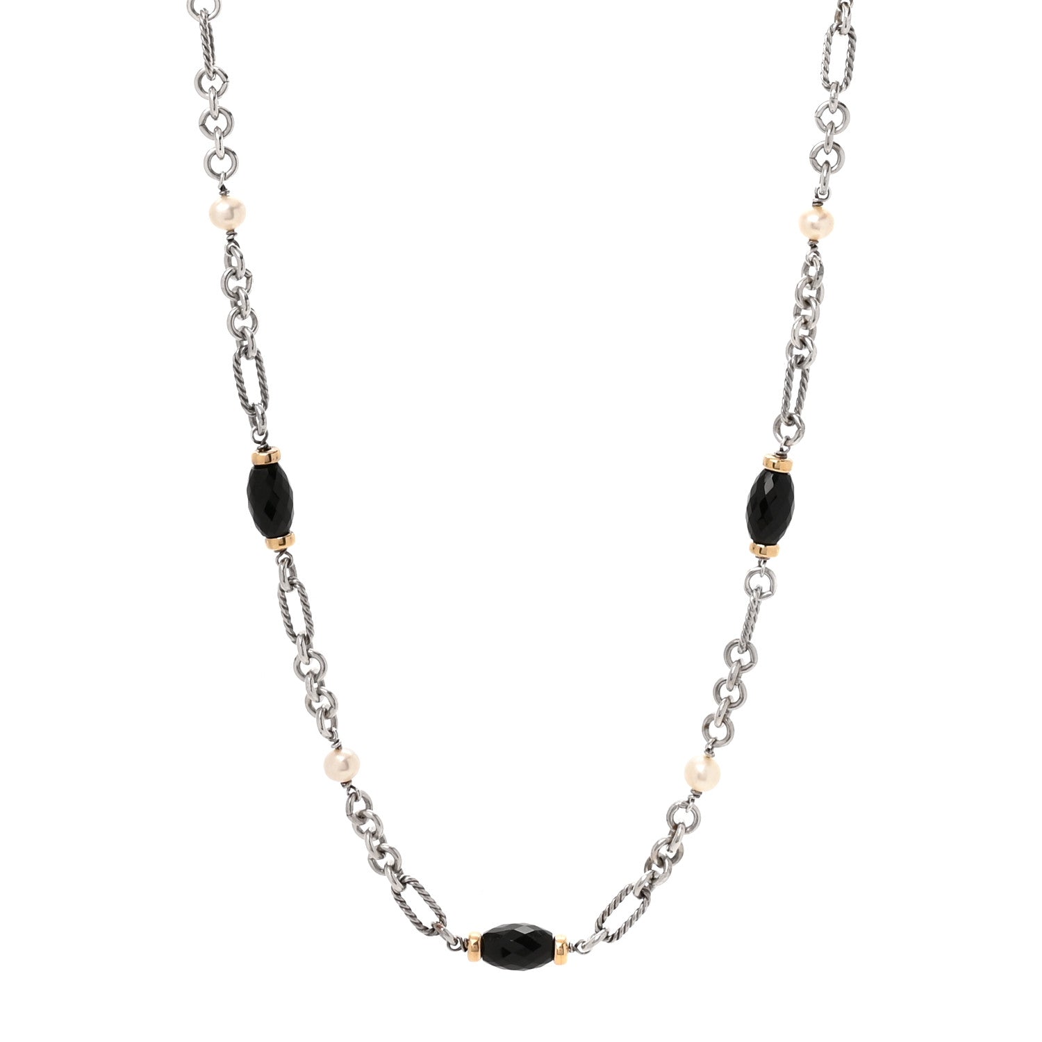 David Yurman Sterling Silver 18K Yellow Gold Black Onyx Cultured Pearl Figaro Station Link Necklace 1 of 5