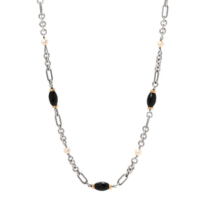 David Yurman Sterling Silver 18K Yellow Gold Black Onyx Cultured Pearl Figaro Station Link Necklace 1 of 5