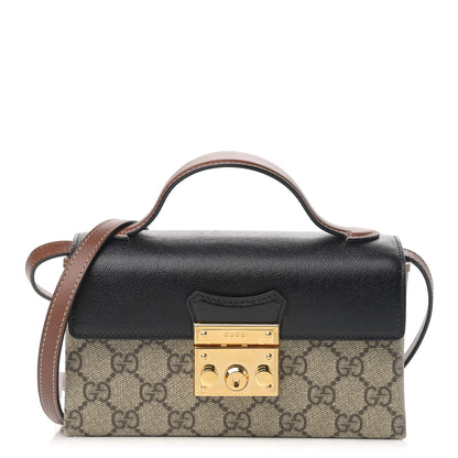 Gucci GG Supreme Monogram Calfskin Mini Padlock Top Handle Shoulder Bag Beige Black Cuir 1 of 9