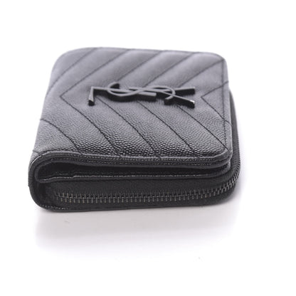 Saint Laurent Grain De Poudre Matelasse Chevron Monogram Compact Zip Around Wallet Black 11 of 15